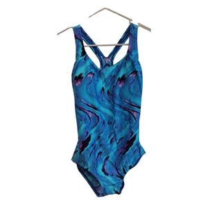 Vintage Speedo blue purple splash racerback one‎ piece
